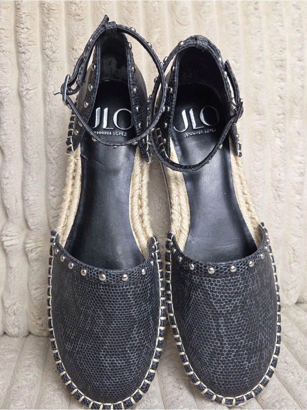 JLO Jennifer Lopez Black Reptile Pattern Leather Platform Sandals Size 9.5M/41 - Picture 2 of 9
